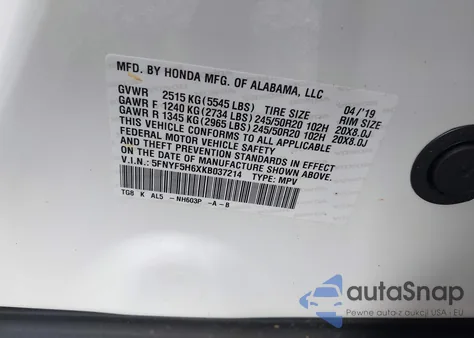 2019 Honda Pilot Touring z USA, uszkodzony, nr VIN 5FNYF5H6XKB037214